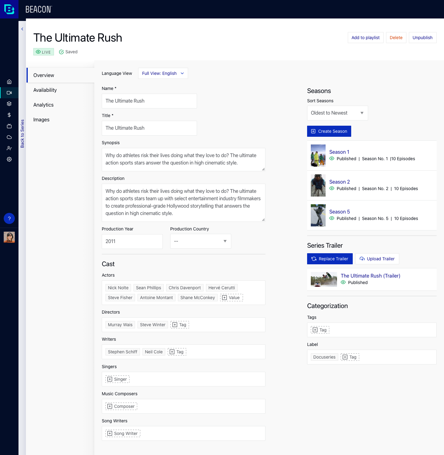 Design for the Series Details screen in Beacon Studio
