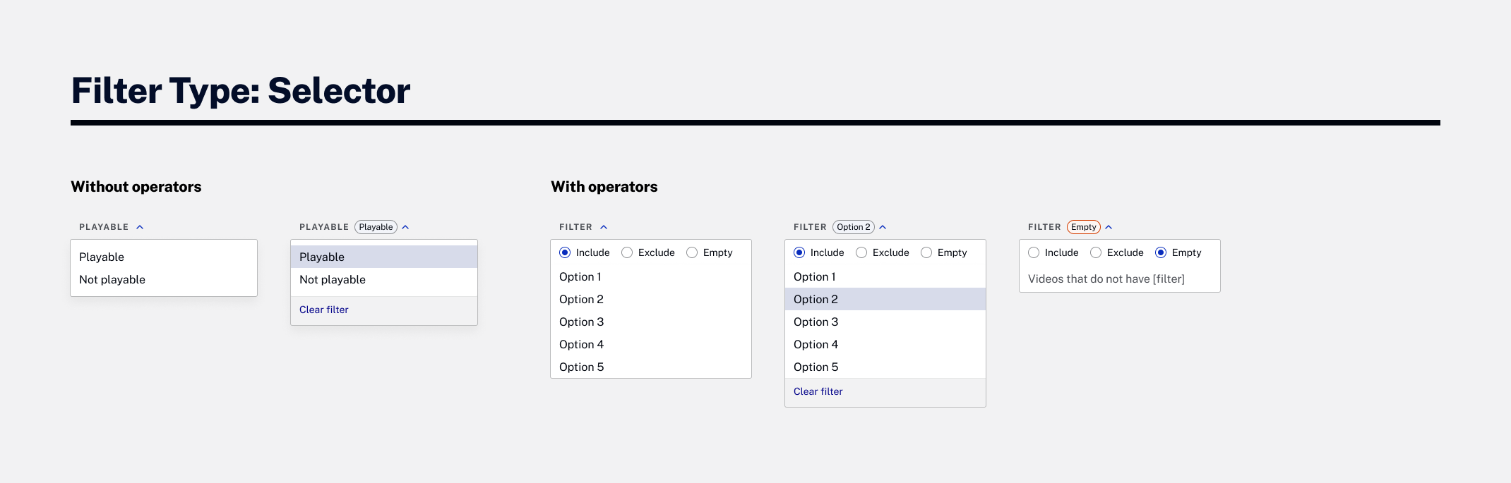 Filter type: Selector